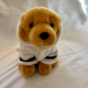 Golden Retriever Plushie wearing white bathrobe