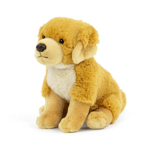 A plush puppy toy in golden tan and cream, sitting on a clean white background.
