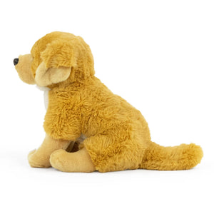 A golden retriever plush toy dog sitting in profile, made of soft tan and golden-brown faux fur with a small white chest patch, photographed on a clean white background.