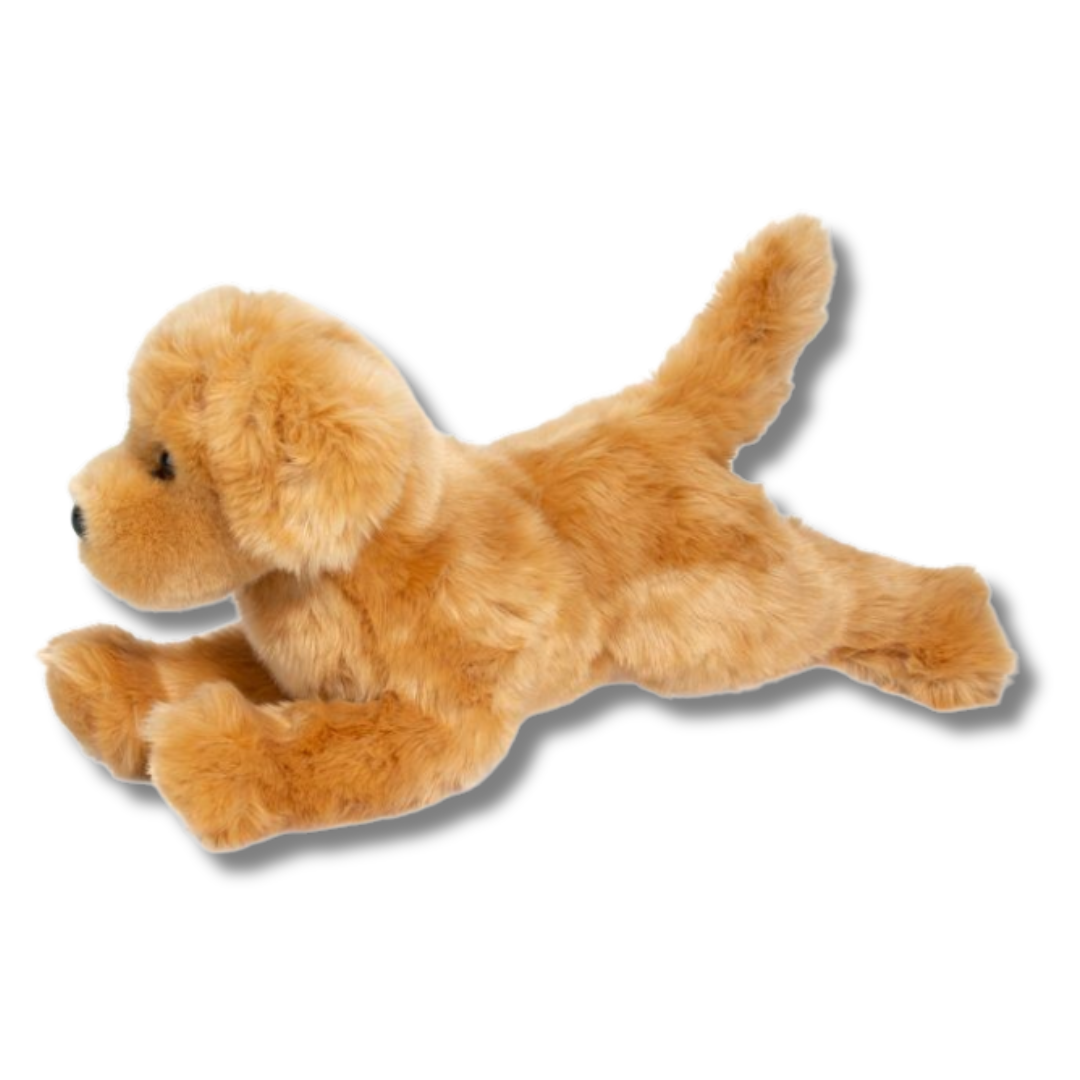 Bella Golden Retriever by Douglas Dog side view of plushie lying down