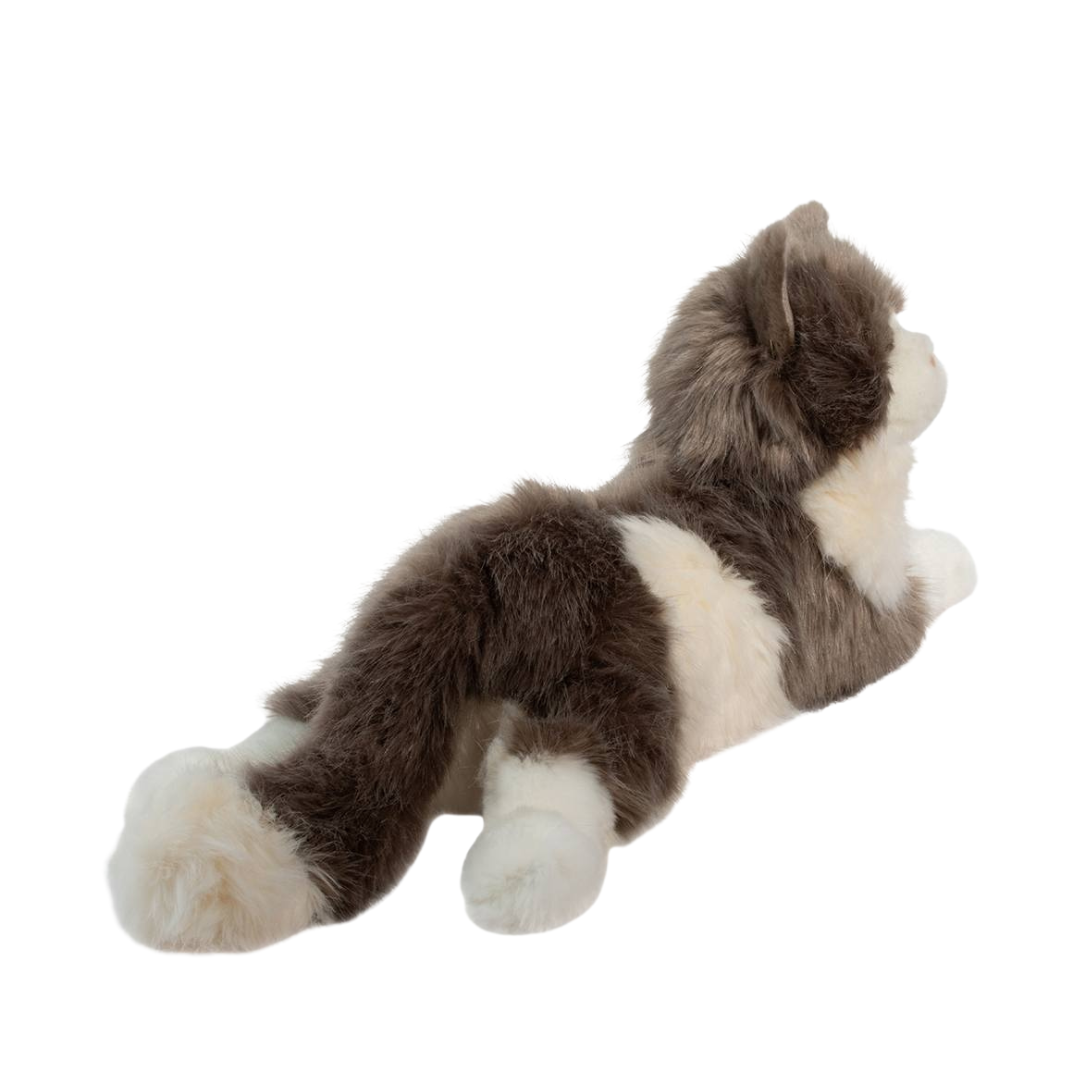 Plush toy resembling a cat with brown and white fur on a white background