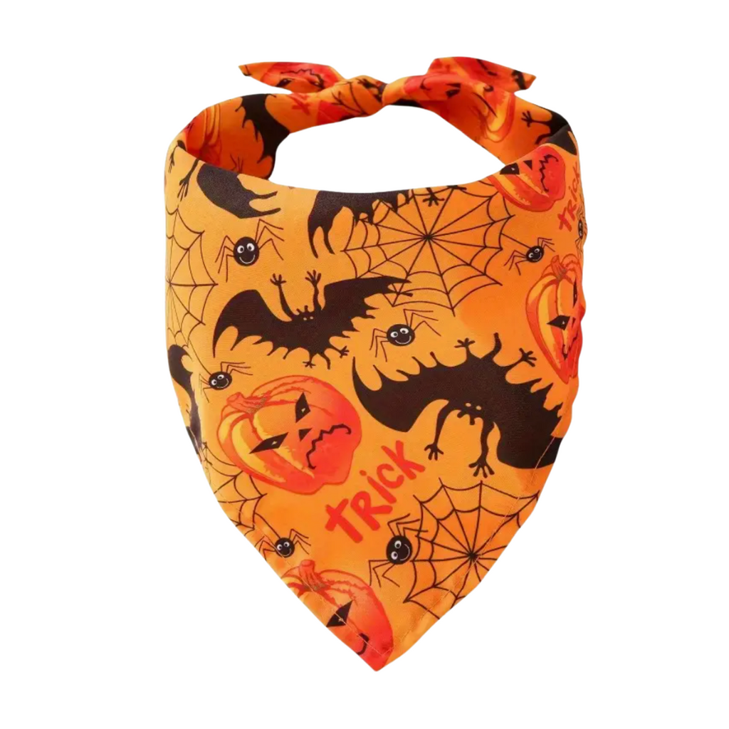 Halloween-themed bandana with pumpkins, bats, and spider webs on an orange background.