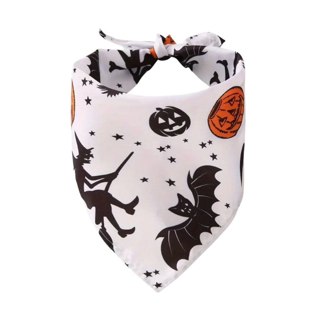 Halloween-themed bandana with pumpkins, cats, and bats on a white background