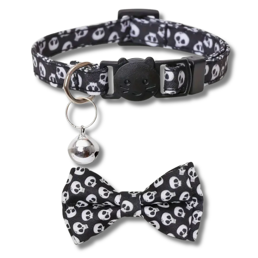 Cat collar with skull pattern and matching bow tie on a white background