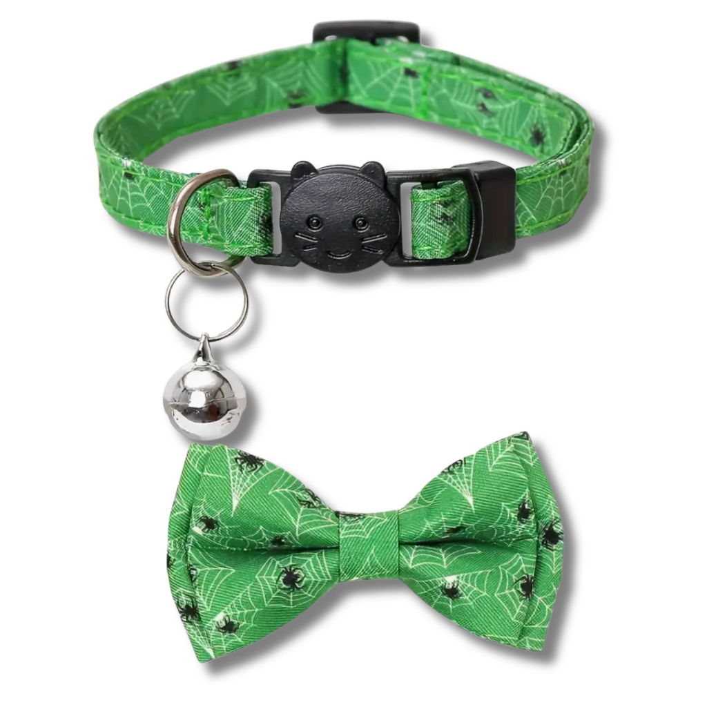 Green spider web patterned dog collar with a matching bow tie on a white background
