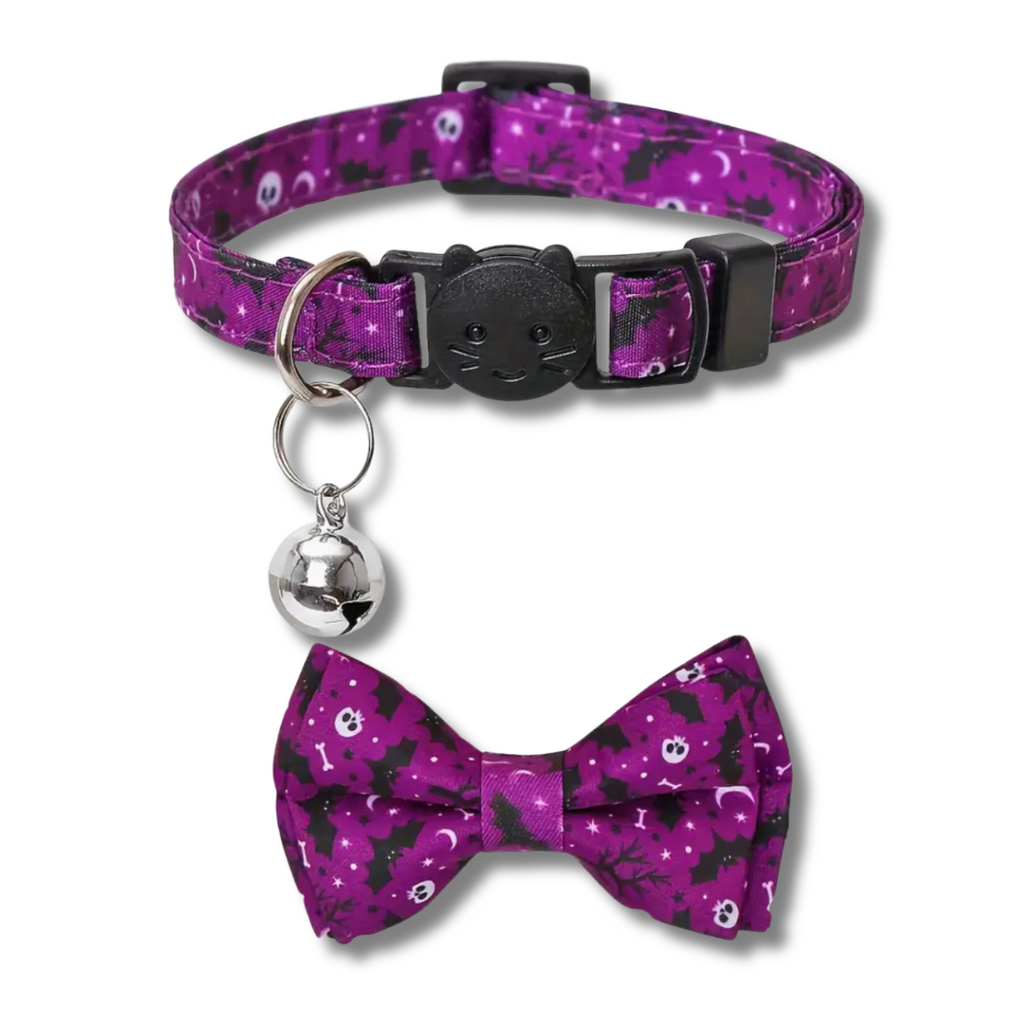 Purple cat collar with black cat face design and matching bow tie on a white background