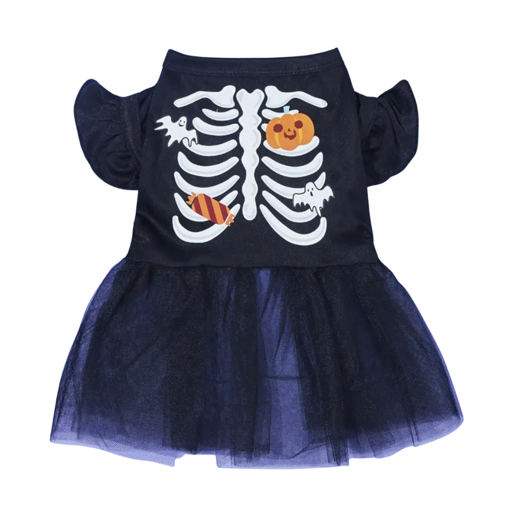 Navy blue dress with skeleton design and festive elements on a white background