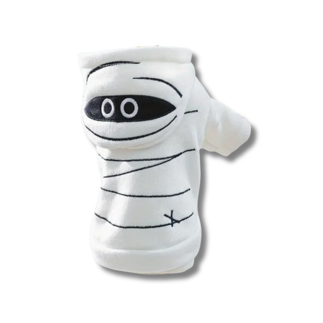 White pet hoodie with black bandage design on a white background