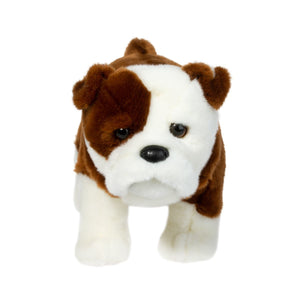 Plush toy bulldog with brown and white fur on a white background
