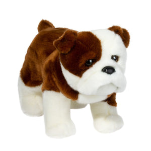Plush toy bulldog with brown and white fur on a white background