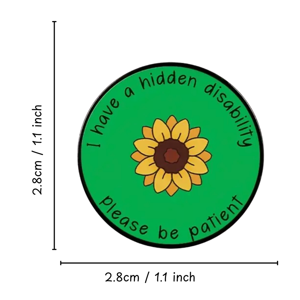 Circular sticker with sunflower design and text on a green background, with measurements indicated.