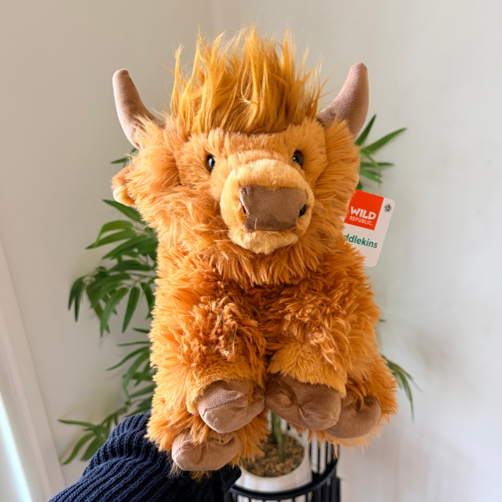 A plush Highland cow toy with shaggy orange-brown fur, brown horns, and a hanging tag that reads Wild Animals by Nedlekins, held in front of a white wall with a potted plant in the background.