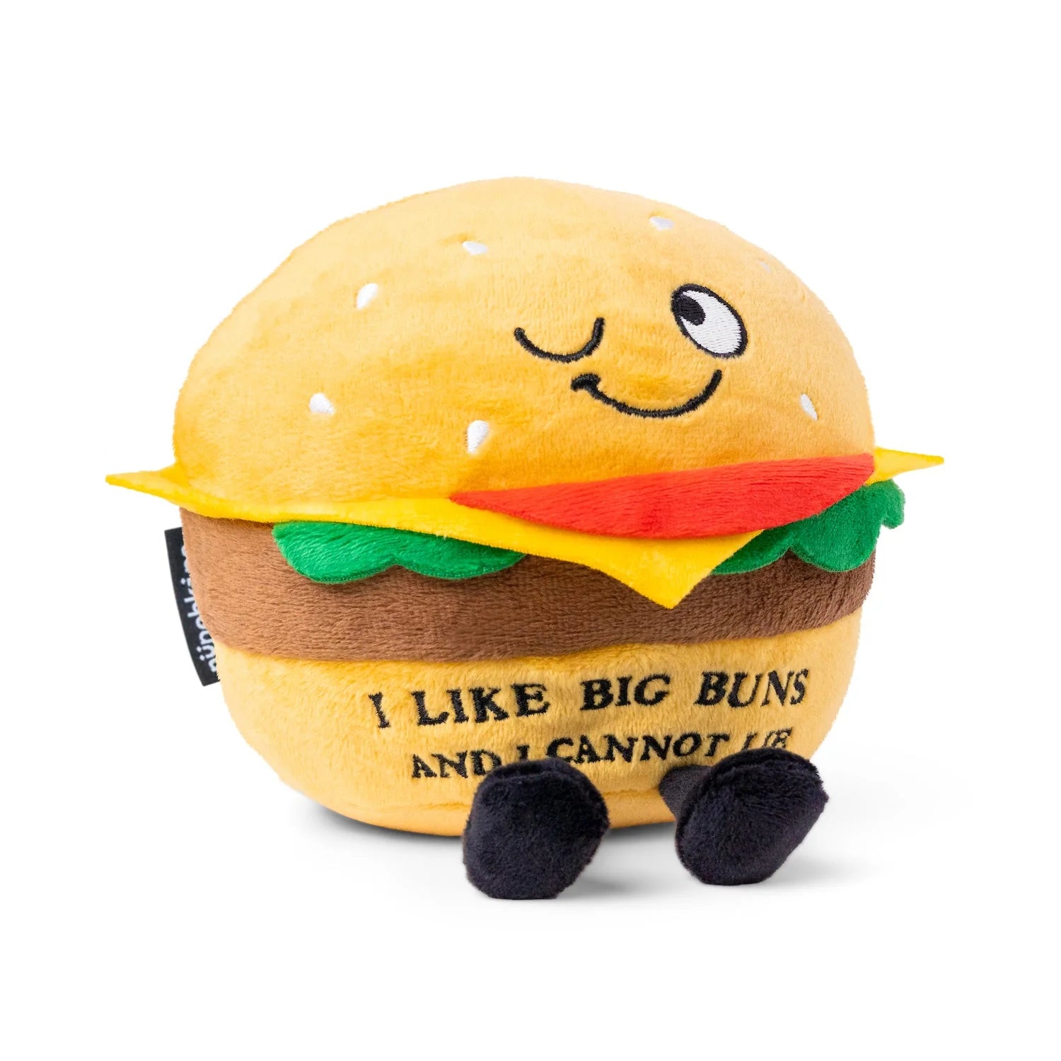 Plush burger toy with a smiley face and text on a white background