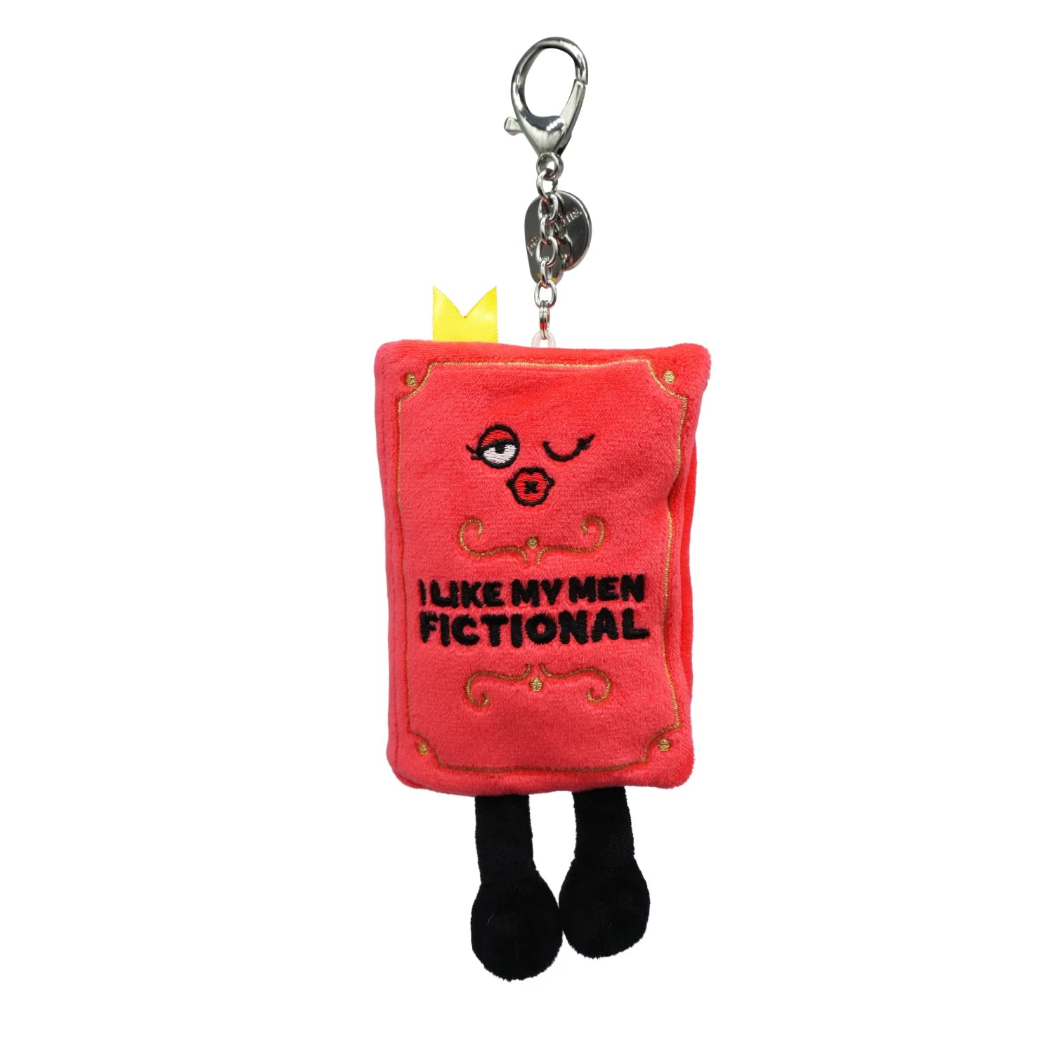 Red plush keychain with cartoon face and text on a white background