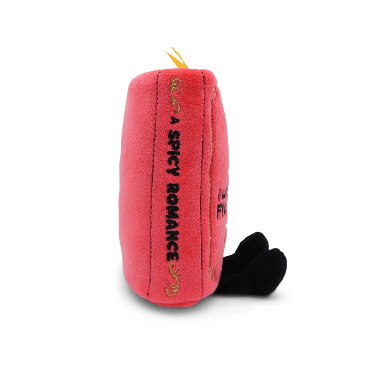 Pink dog toy with text on a white background
