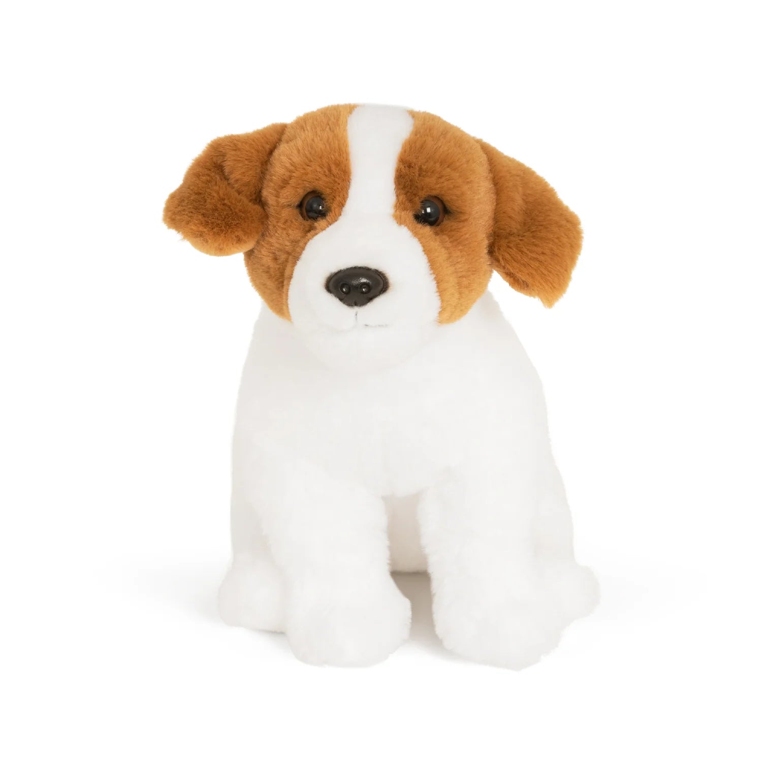 Plush toy dog with brown and white fur on a white background