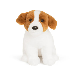 Plush toy dog with brown and white fur on a white background