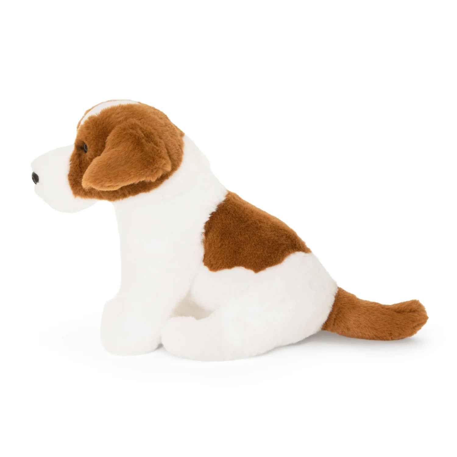 Plush dog toy with brown and white fur on a white background