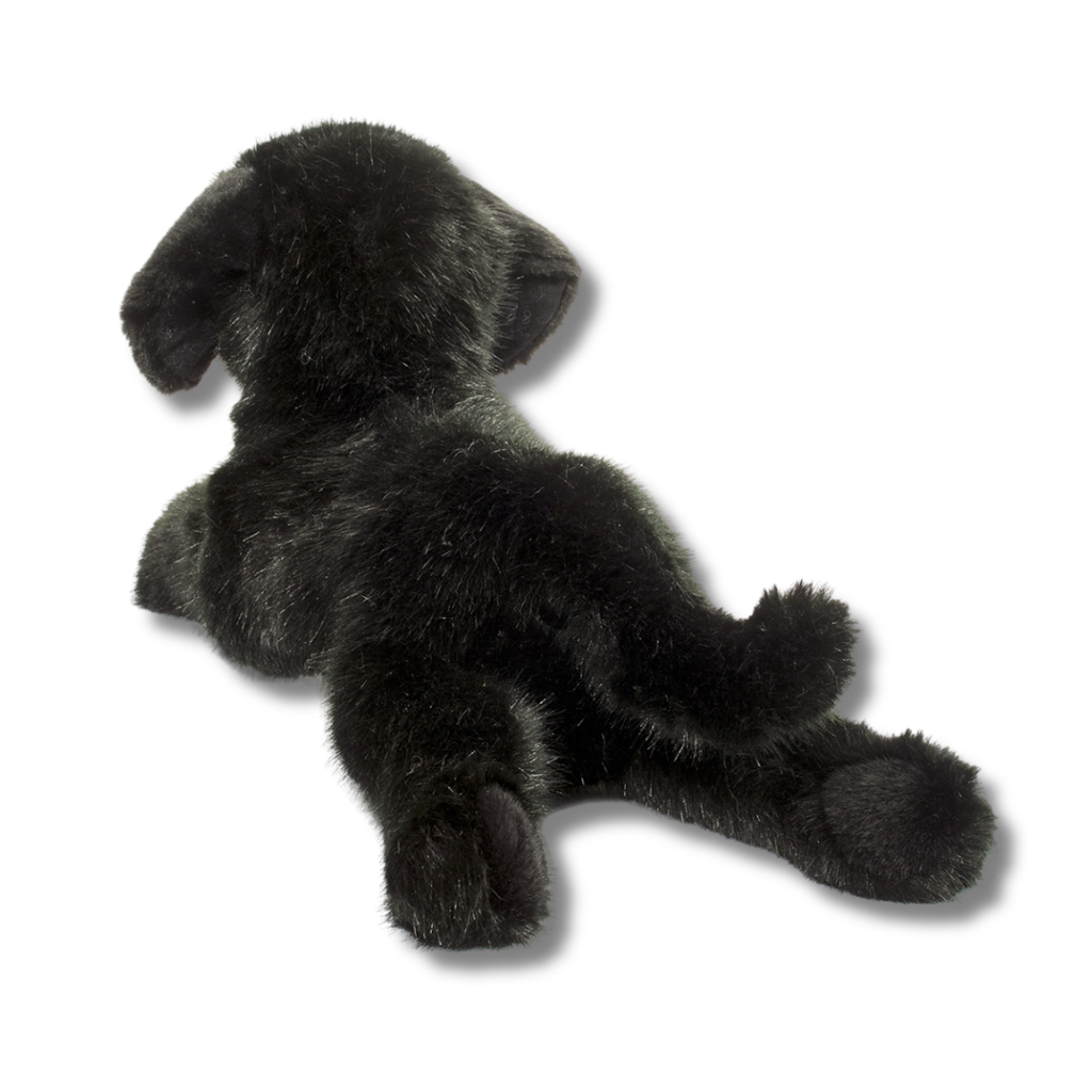 Black plush dog toy on a white background