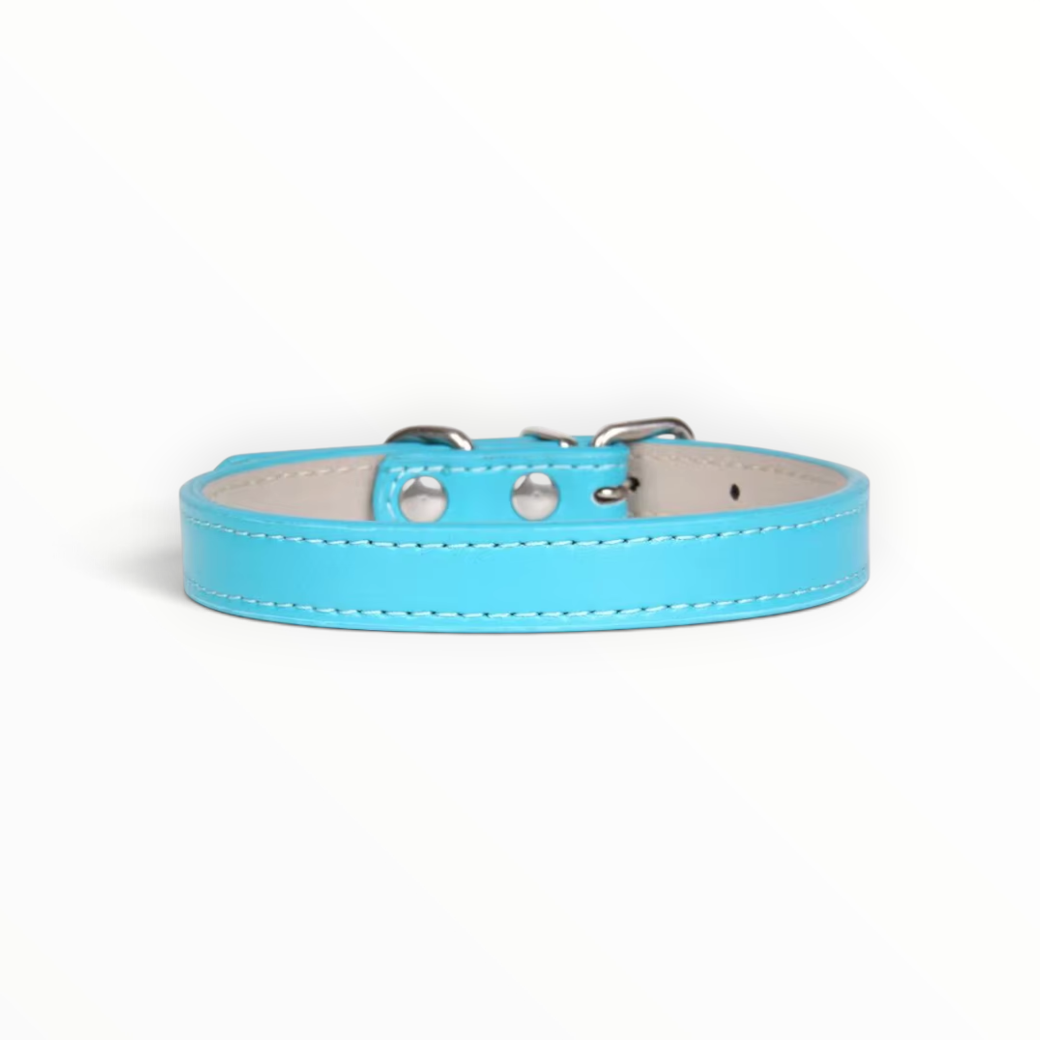 A light blue faux leather collar with silver metal hardware and a light beige interior lining, shown on a clean white background.