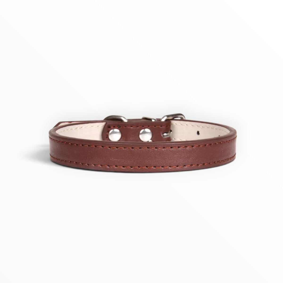 A brown leather dog collar with silver metal hardware and white stitching, shown against a plain white background.