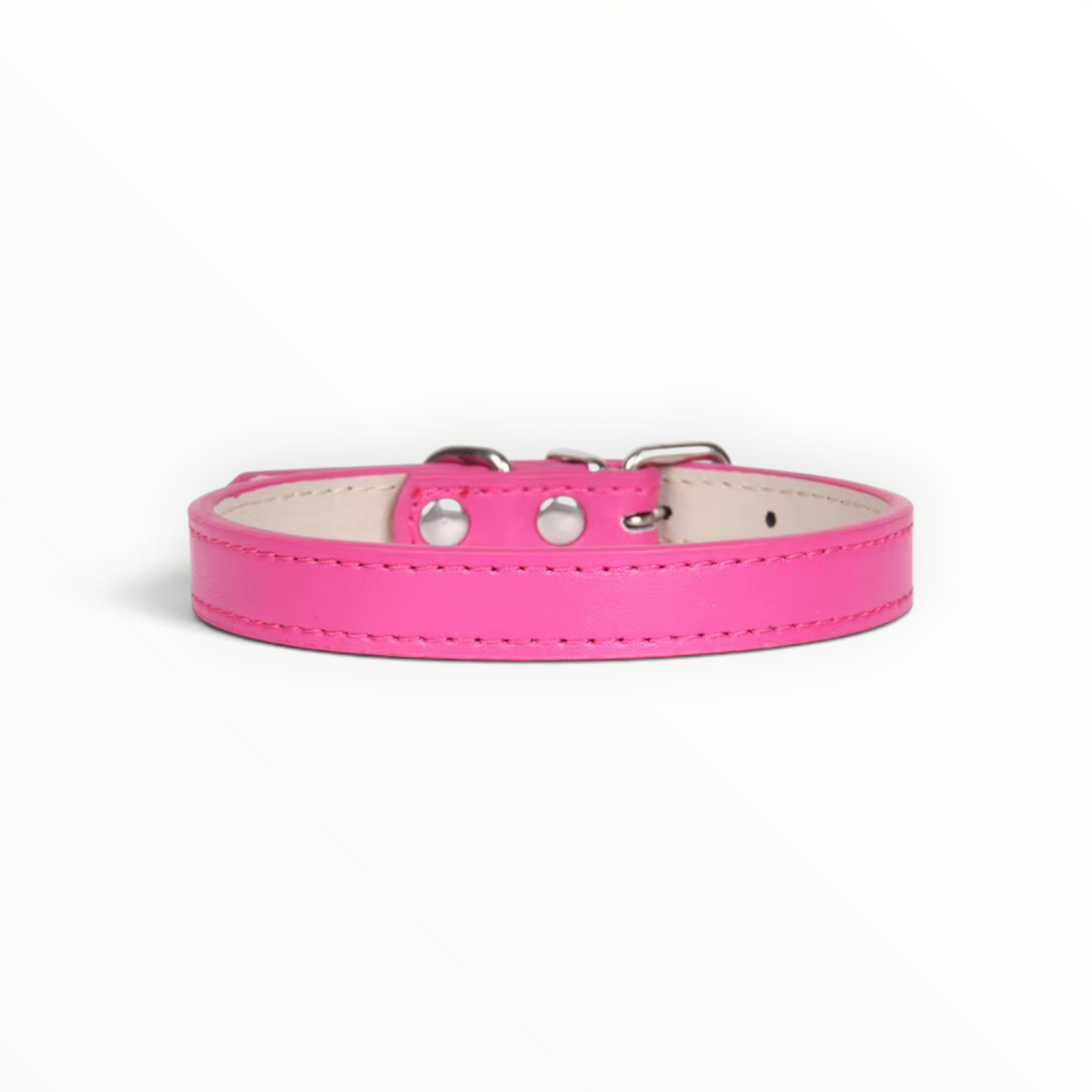 A Dark Pink leather dog collar with silver metal hardware and white stitching, shown against a plain white background.