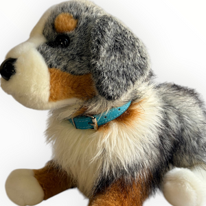 A plush dog toy with gray, white, and brown fur, wearing a turquoise collar, photographed against a plain white background.