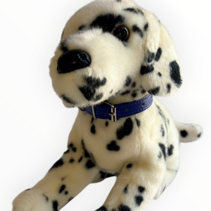 A plush Dalmatian dog toy wearing a blue collar, photographed against a plain white background.