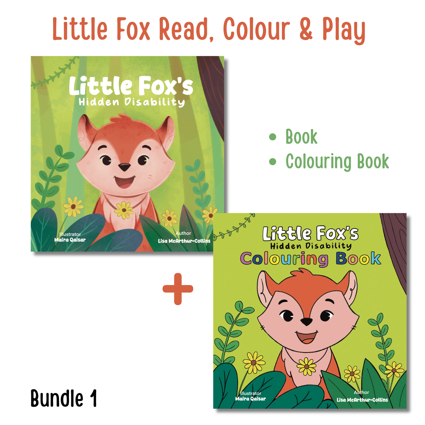 Bundle of 'Little Fox's Hidden Disability' book and colouring book with fox illustration on green background.