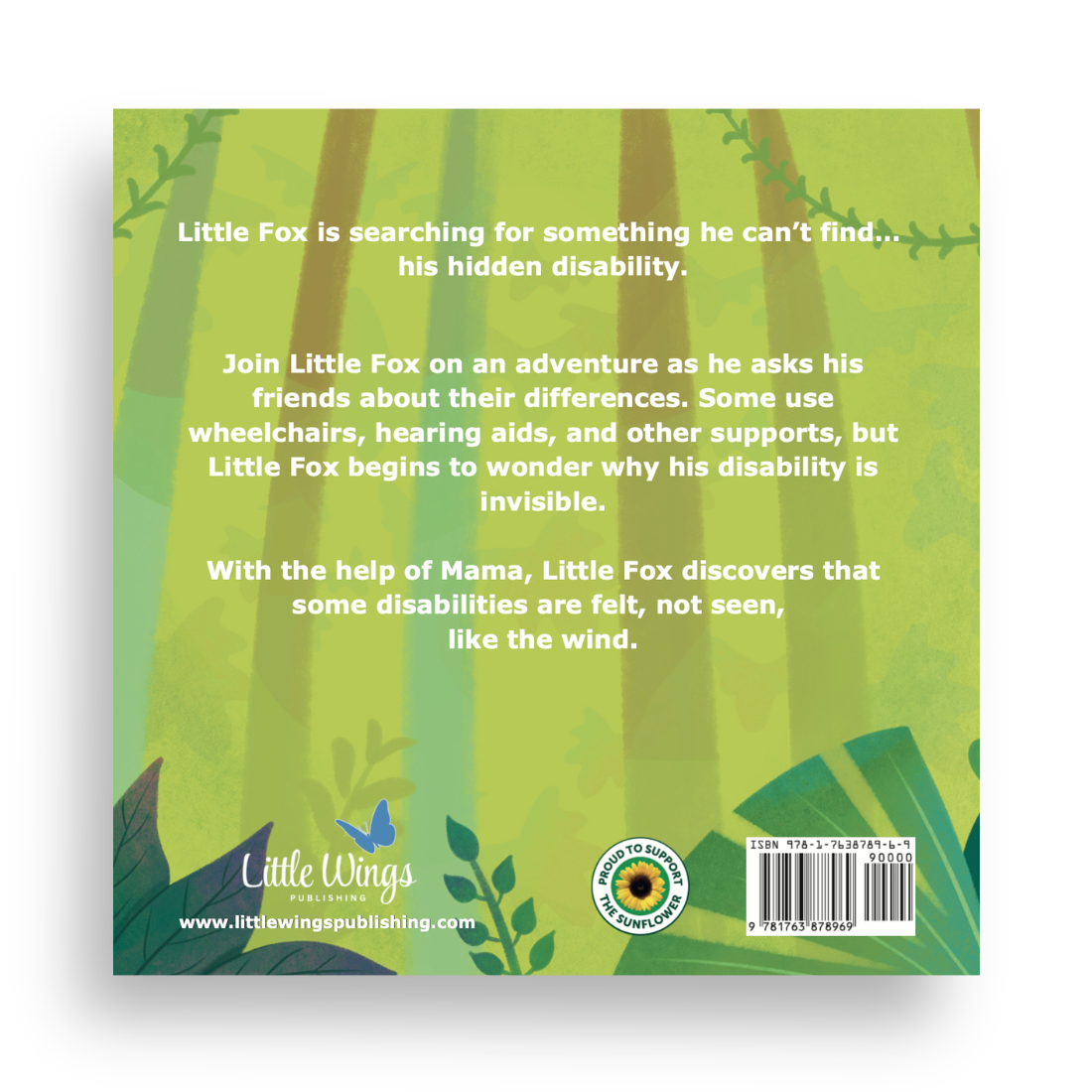 Book cover with text about Little Fox searching for his hidden disability, set against a green background with fox illustrations.