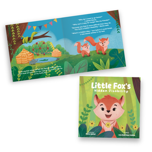 Children's book titled 'Little Fox's Hidden Disability' with a fox illustration on a white background.