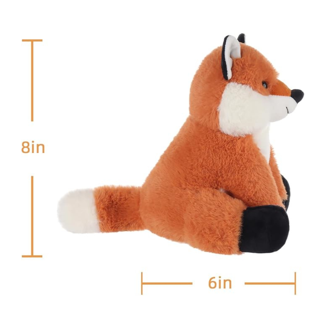 Plush fox toy with measurements on a white background