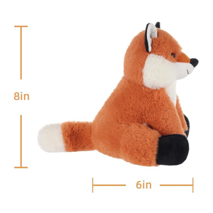 Plush fox toy with measurements on a white background