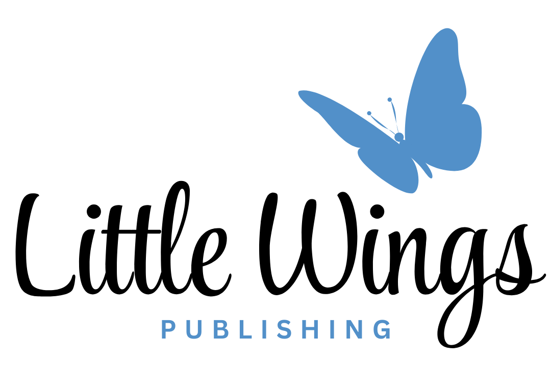 Logo of Little Wings Publishing with a blue butterfly on a white background
