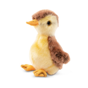 Plush toy chick with brown and yellow feathers on a white background
