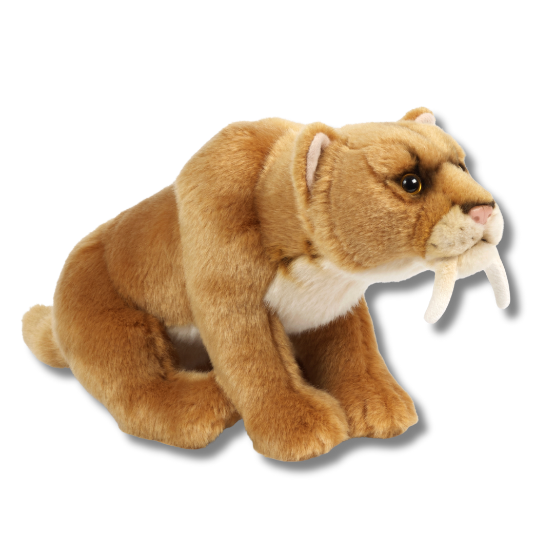 Plush toy of a brown bear with white tusks on a white background