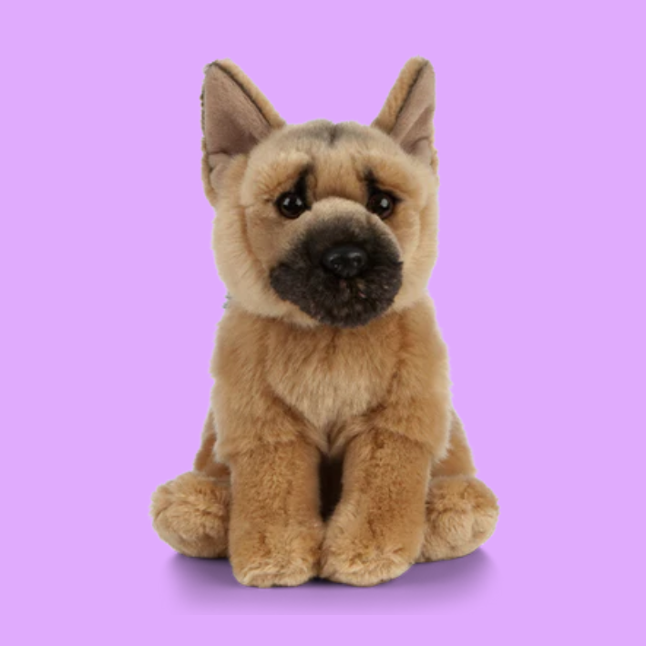 German Shepherd plush dog on a purple background