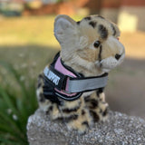 Cheetah plushie wearing a pink emotional support vest - side view - Emotional support stuffed animal