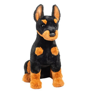 Plush toy resembling a Doberman Pinscher on a white background