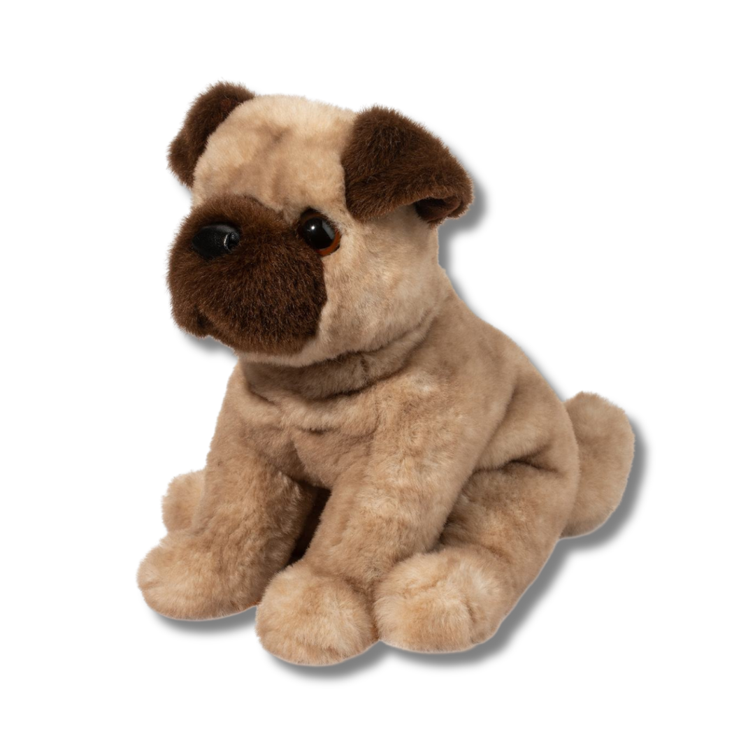 Plush toy dog with brown fur on a white background