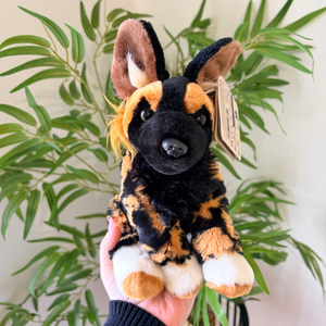 A small plush dog toy with black, tan, and white fur is being held up by a person's hand in front of a green plant.