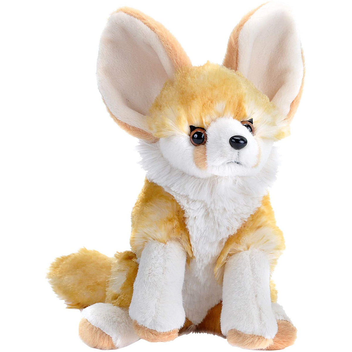 Plush toy resembling a fox with orange and white fur on a white background