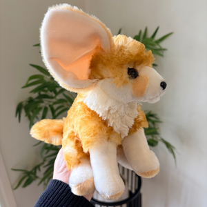 A plush toy dog with large ears, tan and cream fur, and black eyes, held up by a hand in front of a white wall and green plant.