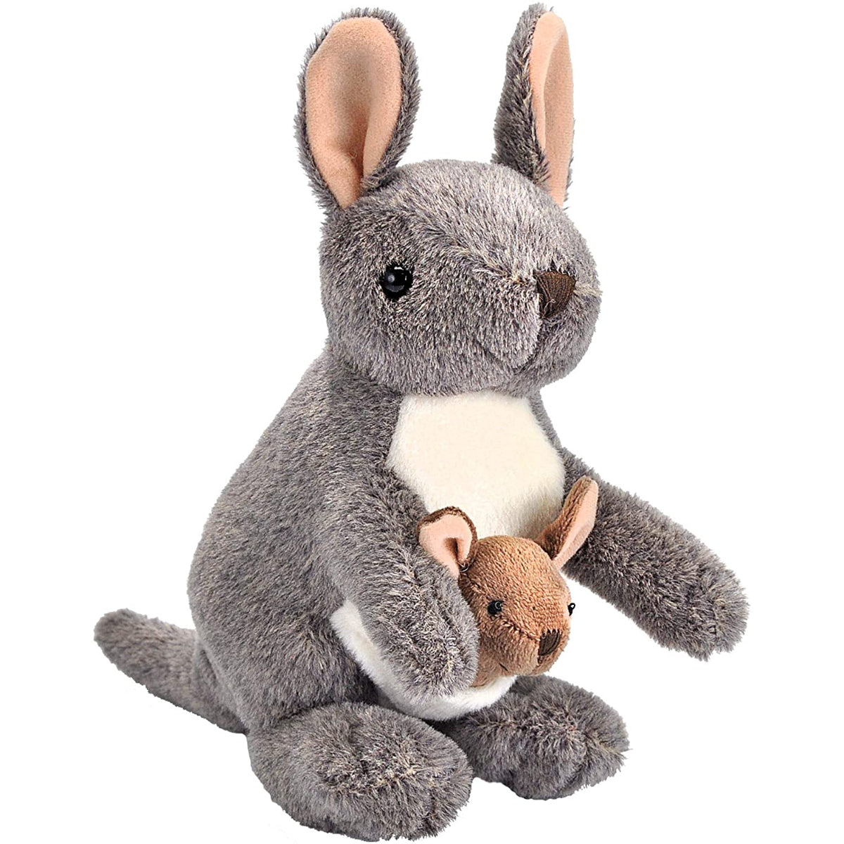 A plush stuffed animal set featuring a large gray rabbit holding a smaller brown kangaroo, photographed on a plain white background.