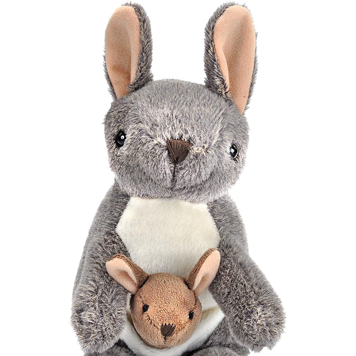 A plush stuffed animal featuring a gray rabbit with long ears, a cream-colored chest, and a small tan kangaroo nestled in its lap, set against a plain white background.