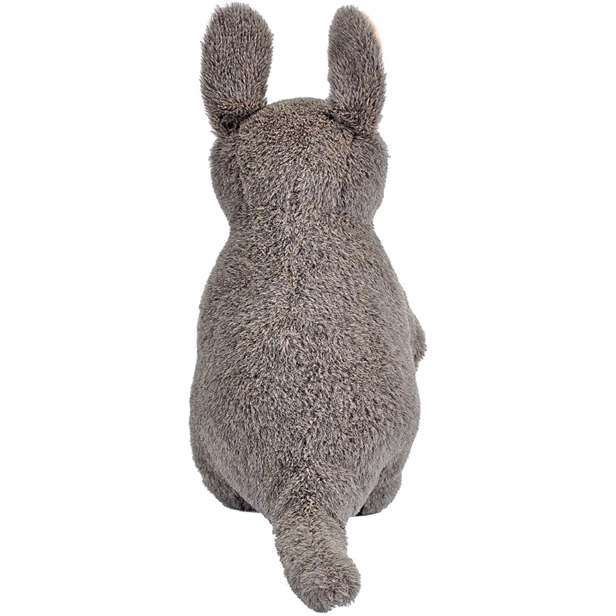 A gray plush stuffed bunny shown from the back, featuring upright ears and a soft textured fur surface, isolated on a white background.