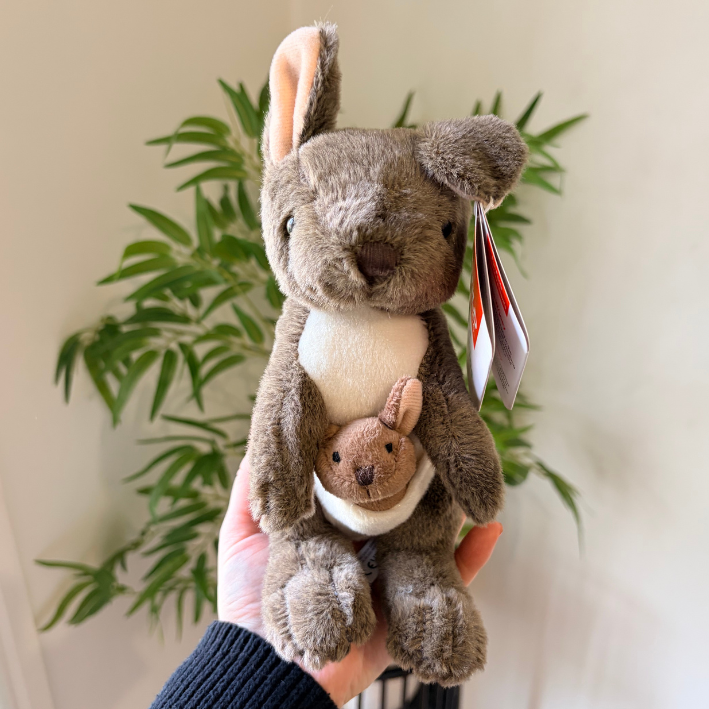 A plush stuffed bunny toy with a smaller kangaroo nestled inside its arms, held in a person's hand against a soft-focus indoor background with a green plant.