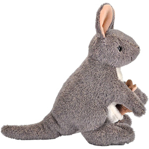 A plush gray kangaroo toy holding a small brown joey, photographed against a plain white background.