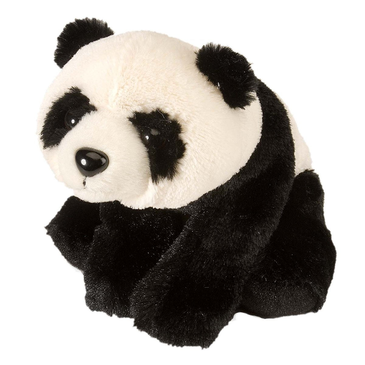 A plush panda toy sitting on a plain white background.