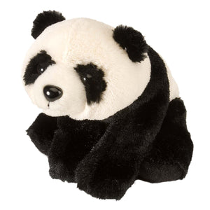 A plush panda toy sitting on a plain white background.